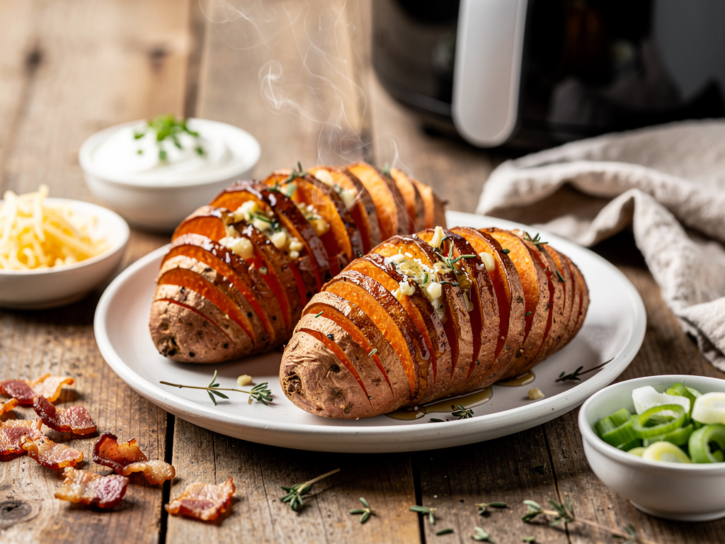 I luften spis Hasselback sötpotatis