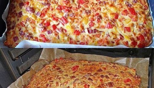 Shake-and-bake-pizza med 250 g salami – ett snabbt och enkelt recept för alla dagar!  220 g mjöl 1/4 liter mjölk 250 g salami eller skinka…