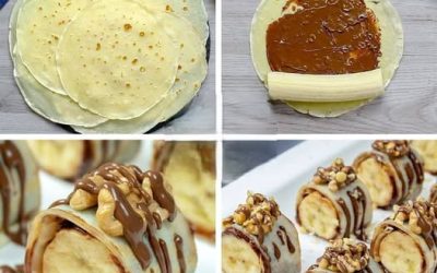 Söta pannkakor med banan och choklad i form av sushi
