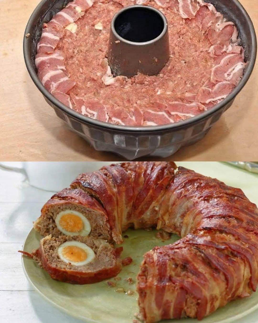 Köttfärslimpa inlindad i bacon med ägg – rejäl och imponerande
