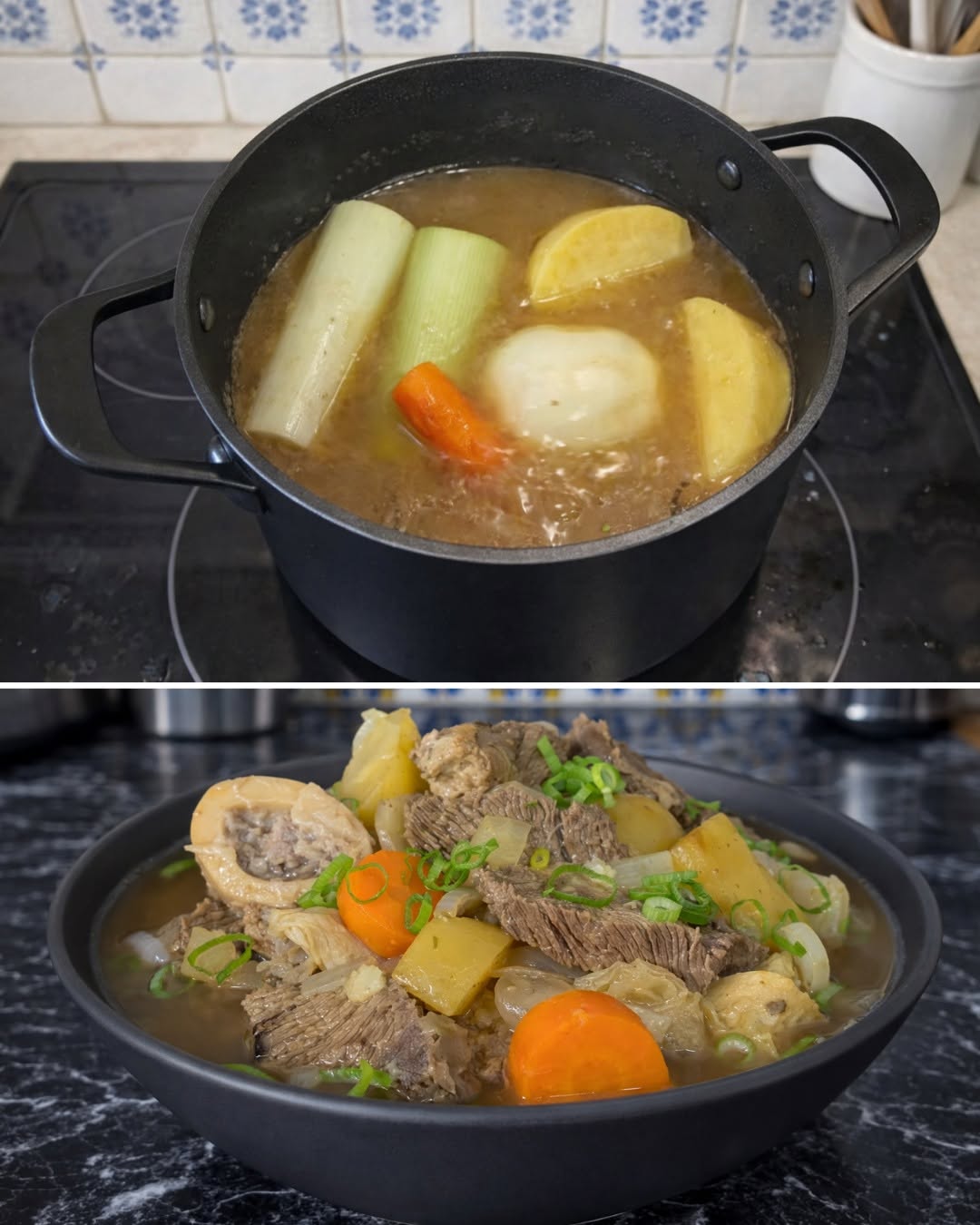 Traditionell hemlagad pot-au-feu – klar buljong och mört kött