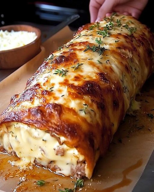 Läcker ostrulle med köttfärs, bakad i ugnen i 30 minuter.
