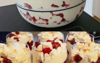 Jag blandar 450 g mager kvarg med 250 g grädde för en snöig dessert.