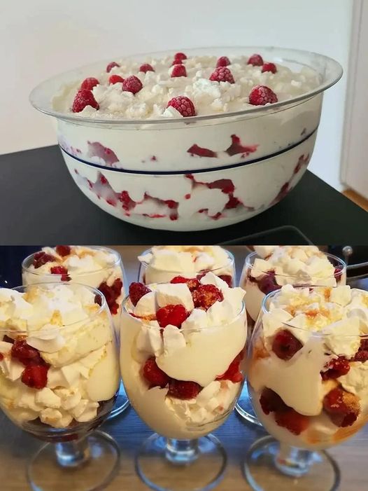 Jag blandar 450 g mager kvarg med 250 g grädde för en snöig dessert.