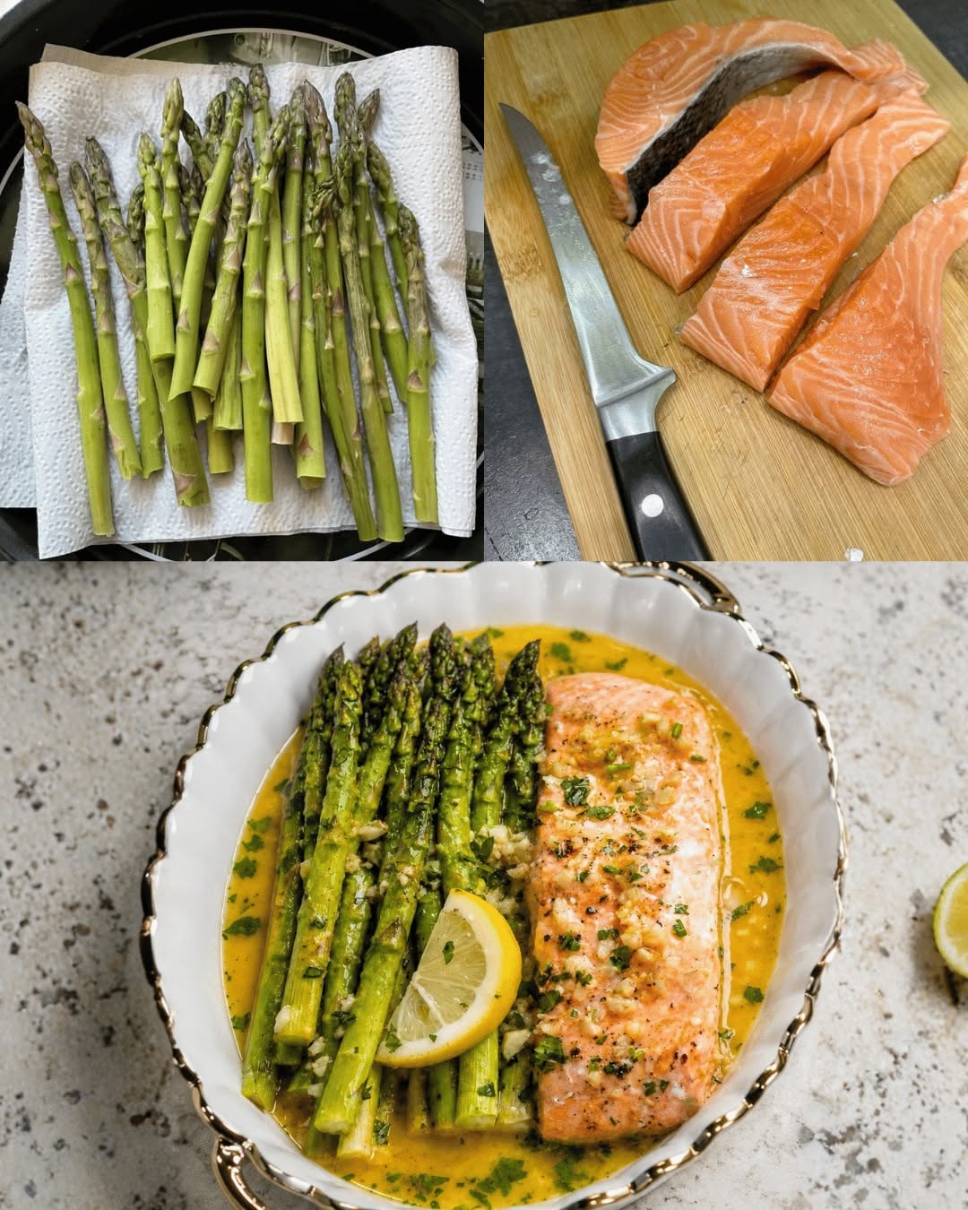 Ugnsbakad lax i bakplåtspapper med sparris och citron- och vitlökssmörsås