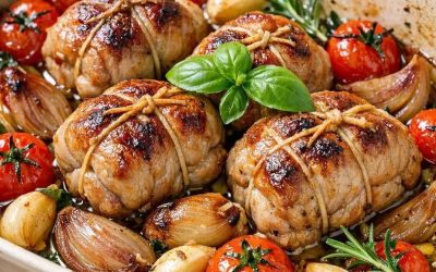 Kalvpaupiettes i ugnen med konfiterade tomater