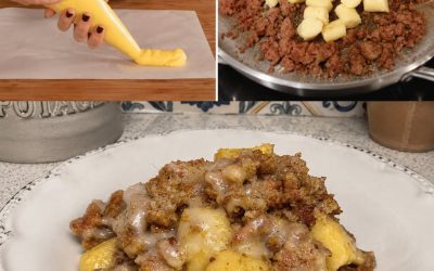 Polentagnocchi med smält ost och korvkött