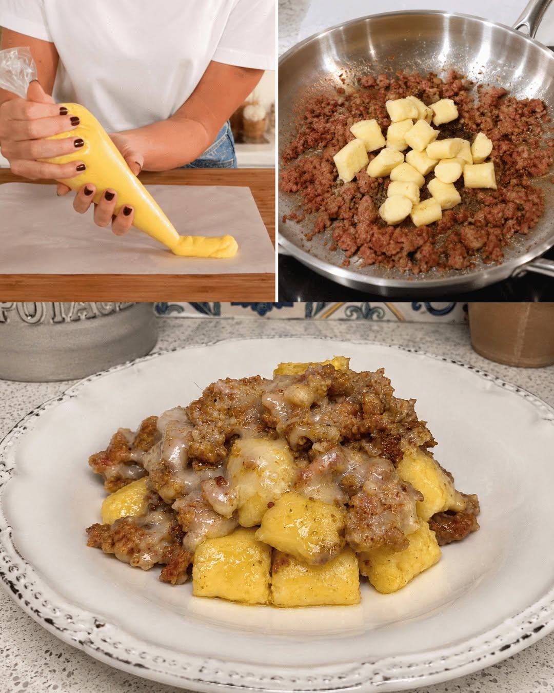 Polentagnocchi med smält ost och korvkött