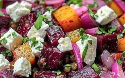 Rostad rödbeta- och sötpotatissallad med linser och fetaost