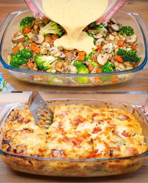Jag bakar en läcker rätt med 600 g broccoli, potatis och 500 g champinjoner
