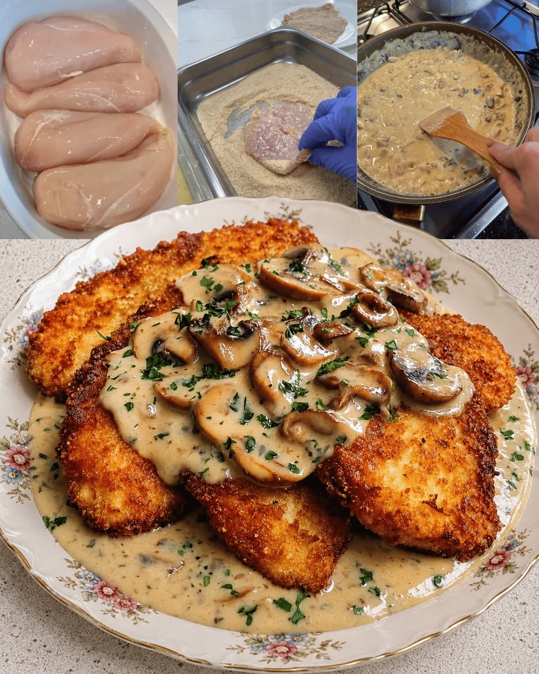 Krispig kyckling och krämig champinjon-parmesansås