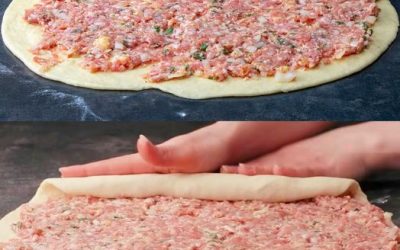 Rulla ihop degen med 500 g köttfärs och grädda i ugnen i 10 minuter.