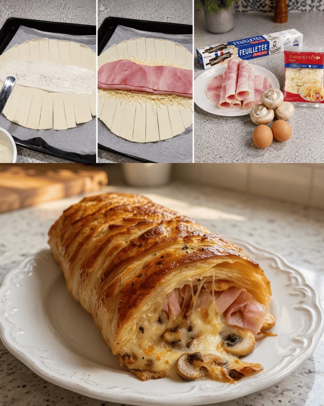 Smördegsfläta med champinjoner och skinka