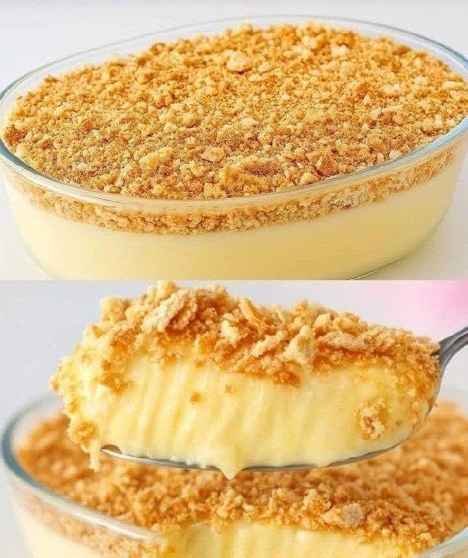 Krämig vaniljpudding med kakcrumble, en hemlagad dessert som vinner hjärtan