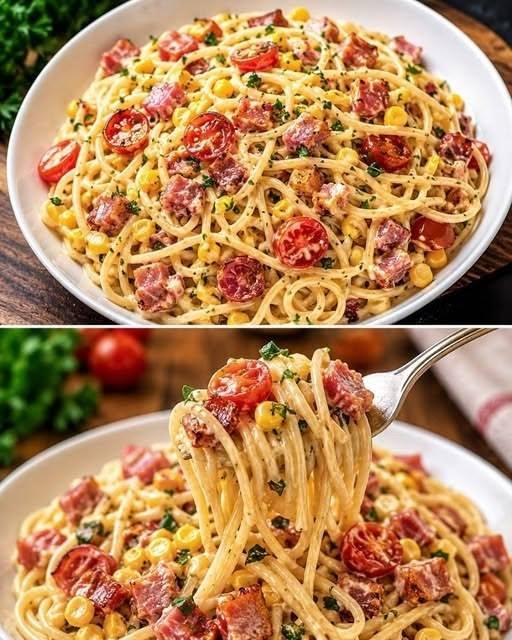 Krämig spaghetti med salami, majs och tomater – snabb, rejäl och utsökt