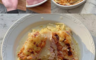 Purjolöksgratäng med skinka och béchamelsås