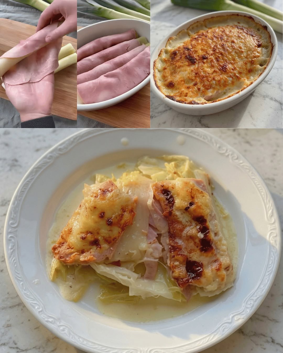 Purjolöksgratäng med skinka och béchamelsås