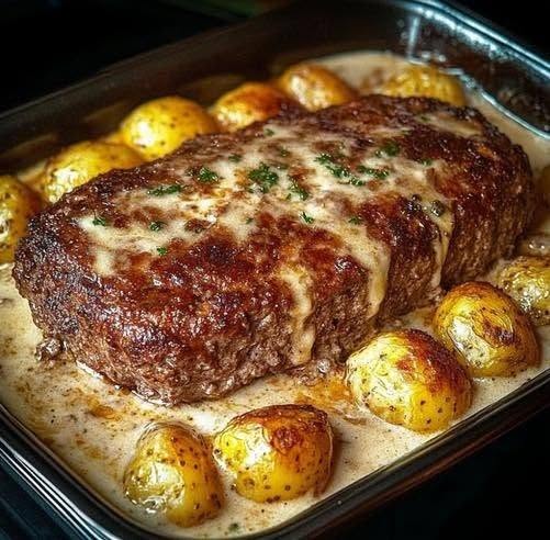 Köttfärslimpa med potatis i krämig sås – rejält och enkelt