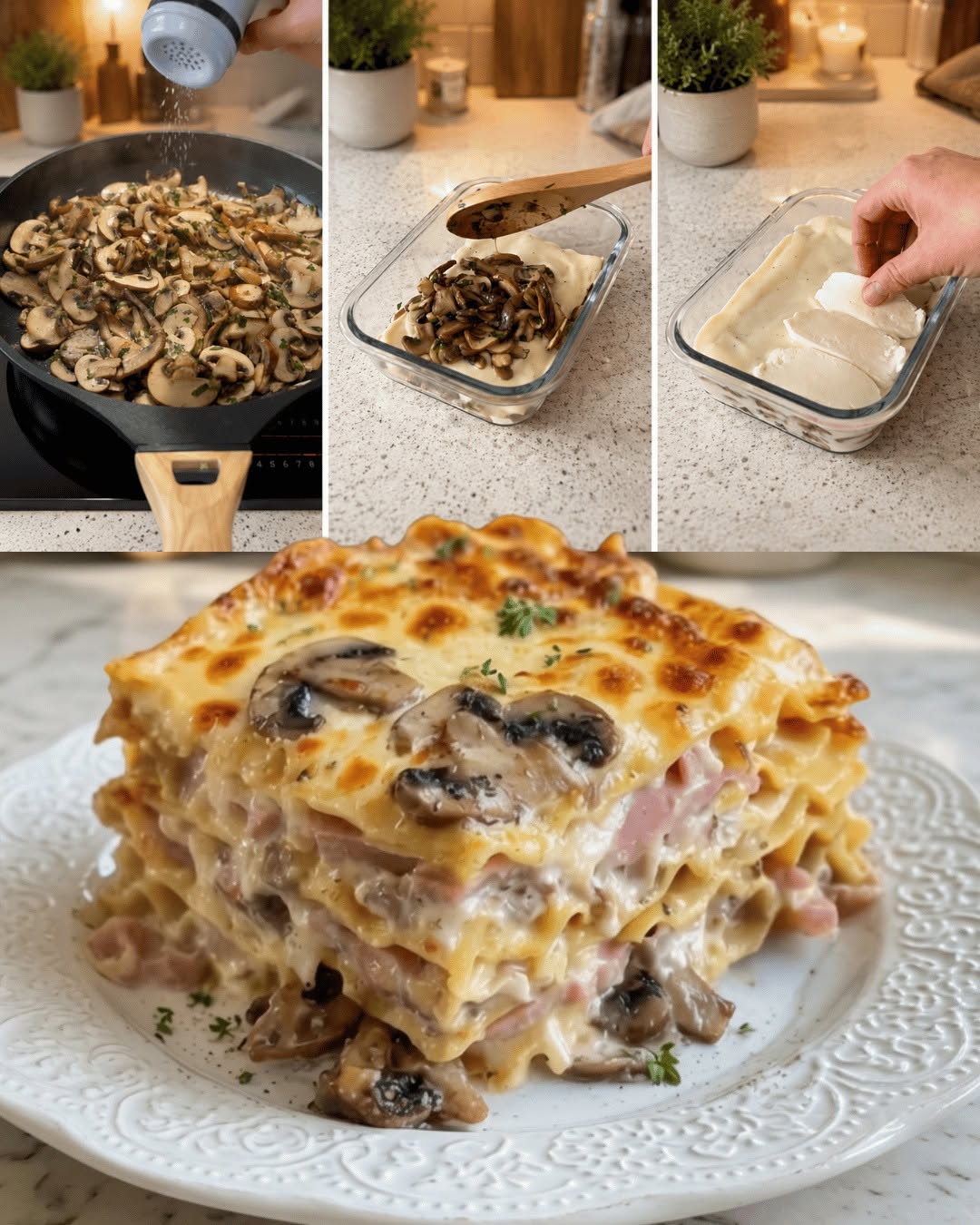 Lasagne med champinjoner, skinka och ost