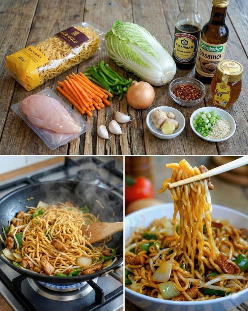 Friterade asiatiska nudlar med kyckling och grönsaker – precis som från en snackbar.