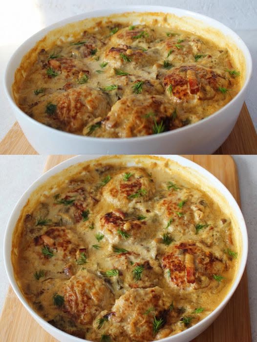 Ugnsbakade köttbullar med 400 g champinjoner i gräddsås