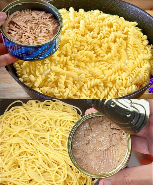 Jag kokar 250 g spaghetti och 1 burk tonfisk, utsökt tonfiskspaghetti.