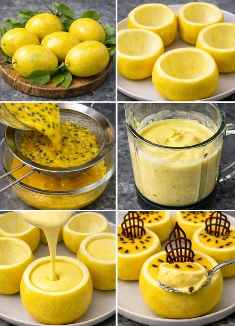Citron- och passionsfruktsdessert i citronskal – fräscht och elegant
