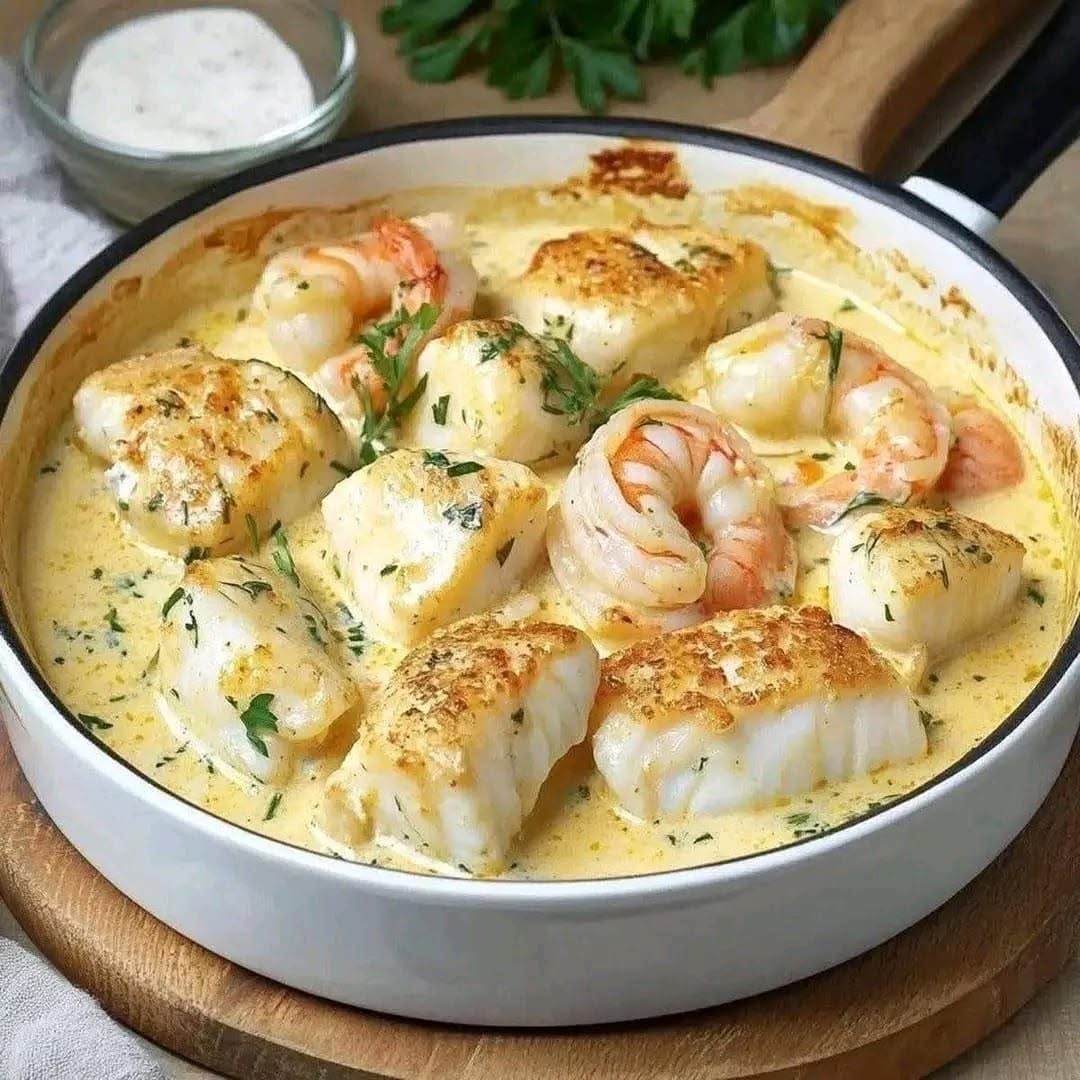 🍤🐟 Räkor och torsk i krämig vitlökssås – en lyxig men varm havsdröm i varje tugga 🐟🍤