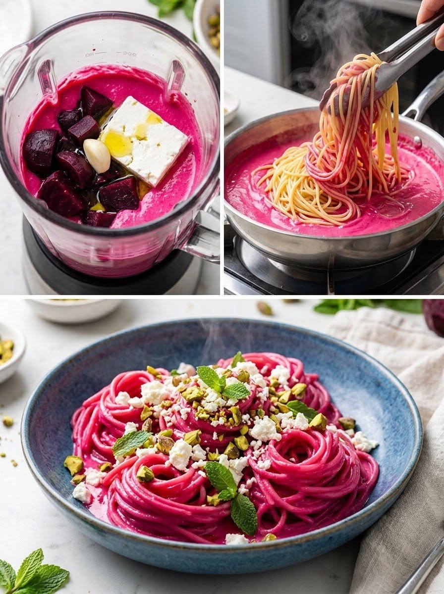 Rödbetspasta med fetaost och pistagenötter – krämig, färgglad och enkel