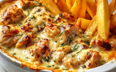Kycklinggrytor med maroillesost och hemlagade pommes frites