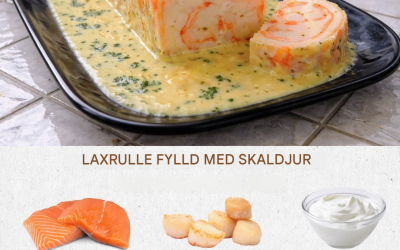 Laxrullad fylld med räkor och pilgrimsmusslor i citronkräm