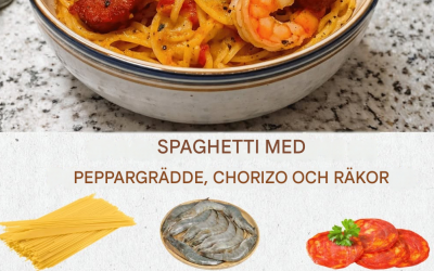 Recept på spaghetti med pepparsås, chorizo ​​och räksås