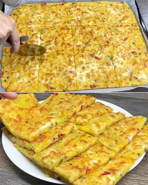 4 potatisar, 3 ägg, mjölk, mjöl och mozzarella, blanda allt ihop och det är så gott!