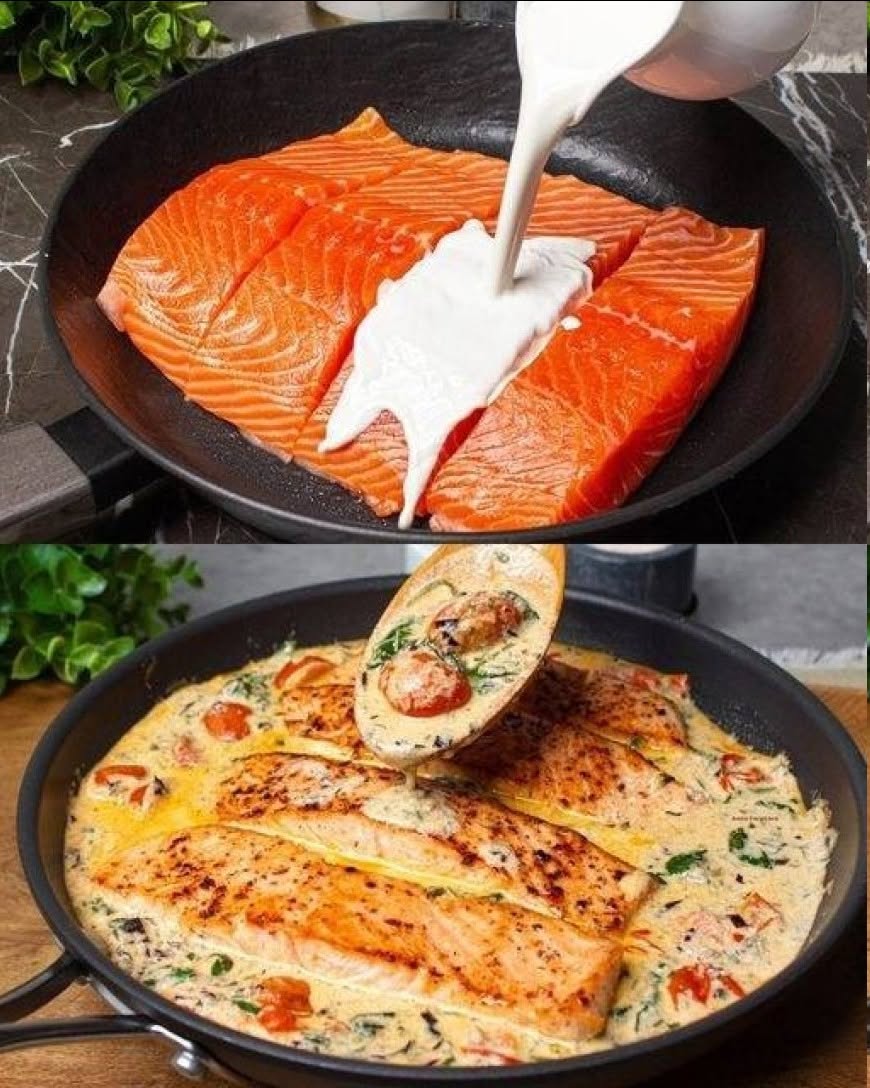 Vitlökslax i en krämig sås med spenat och körsbärstomater.