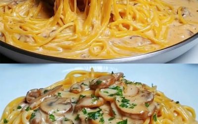 Spaghetti tillagad i en panna med 250 g champinjoner och ost