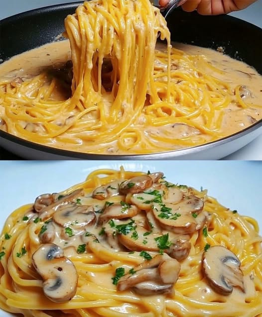Spaghetti tillagad i en panna med 250 g champinjoner och ost