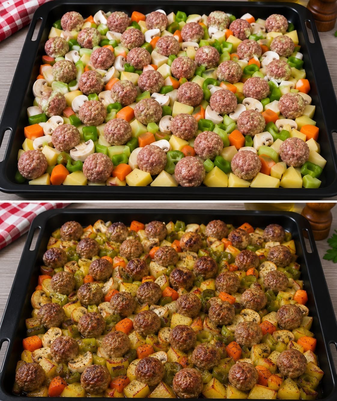 Denna rostade grönsak med saftiga köttbullar är klar på bara 15 minuter. Rejäl, enkel och perfekt för hela familjen