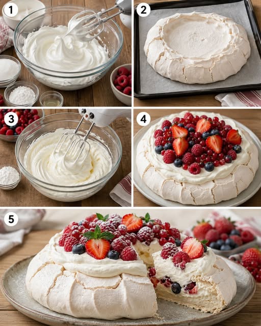 Luftig molnpavlova med röda bär
