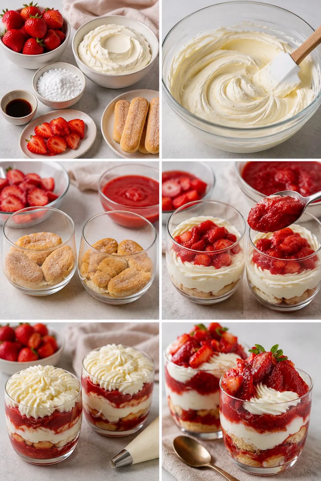 Jordgubbs-tiramisu-verriner (mascarpone, sockerkaka, hemlagad coulis)